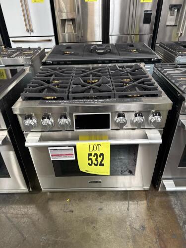 Signature Kitchen Suite SKSGR360S 36-Inch Gas Pro Range featuring 6 burners, convection oven, stainless steel finish, built-in wok grate, Ultra-High and Ultra-Low burners, Wi-Fi enabled with ThinQ&reg; app, includes oven racks, broiler pan, meat probe, cleani