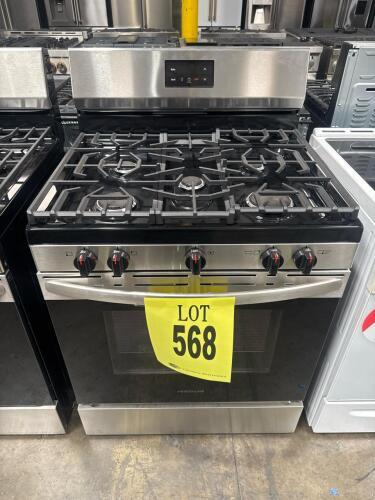 Frigidaire FCRG3052BSB 30" Stainless Steel Gas Range featuring 5 burners, 5.1 cu. ft. oven capacity, Quick Boil Burner, Continuous Edge-to-Edge Grates, Even Baking Technology, Extra Wide Store-More&trade; Storage Drawer, 120V, 60Hz, 12A electrical requirements,