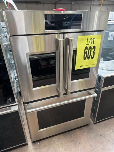 Monogram ZTDX1FPSN1SS 30" Stainless Steel French-Door Double Wall Oven featuring Twin Convection with Direct Air, 10.0 cu. ft. total capacity, 7" full-color touch LCD screen, self-clean with steam clean option, Wi-Fi Connect, Scan-to-Cook, voice control, 