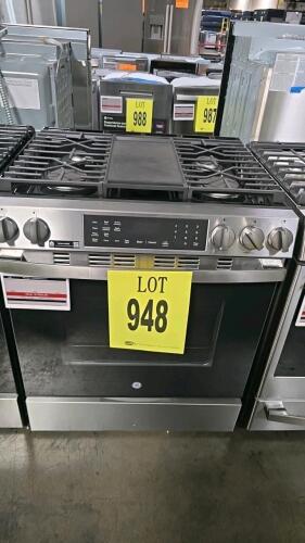 GE GGS600AV1FS 30" Slide-In Gas Range featuring 5 burners, 5.3 cubic foot convection oven, No Preheat Air Fry, EasyWash&trade; Oven Tray, Built-In WiFi, Express Preheat, Edge-to-Edge Cooktop, Precise Simmer Burner, Center Oval Burner. Serial Number: SZ143735Q, 