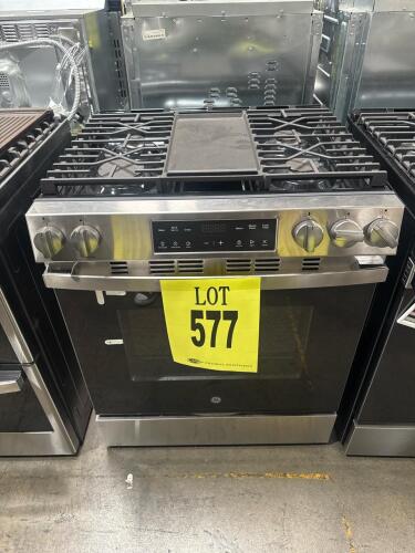 GE GGS500SV2SS Slide-In Gas Range, 30" width, 28.63" depth, 37.13" height, stainless steel finish, 4 burners including a 15,000 BTU Power Boil burner, 18,000 BTU oven bake output, natural gas and LP convertible, 120V 60Hz 13A electrical requirements, UL L