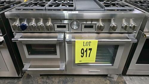 Thermador Pro Grand 48" Dual-Fuel Range with Steam Oven, Model PRD48WDSGU, featuring 6 burners including a 22,000 BTU burner, 12" non-stick griddle, main oven with 4.9 cu. ft. capacity, auxiliary oven with 1.6 cu. ft. capacity, convection, self-cleaning, 