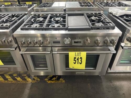 Thermador Pro-Grand 48" Gas Range, Model PRG486WDG with 6 burners, double ovens (total 7.3 cu. ft.), integrated griddle, stainless steel finish, convection oven, self-cleaning, 529 lbs (240 kg), 120V/60Hz,, Serial Number 399080296957000267.