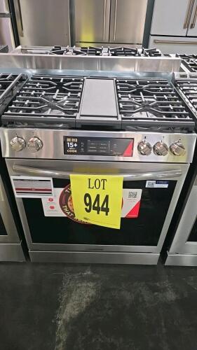 Frigidaire Gallery 30" Front Control Gas Range, featuring 5 burners (18,000 BTU Quick Boil, 14,000 BTU, 10,000 BTU, 5,000 BTU), 6.0 cu. ft. oven capacity, Air Fry, Convection Bake, Steam Bake, Air Sous Vide, integrated griddle, storage drawer, Smudge-Proo