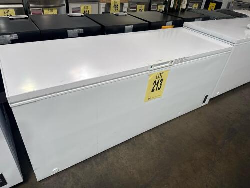 Frigidaire FFCL2542AW 24.8 Cu. Ft. Chest Freezer, featuring manual defrost, external temperature control, power-on indicator light, lock with pop-out key, garage ready design (operates in temperatures from 0&deg;F to 110&deg;F), counterbalanced lid, and casters f