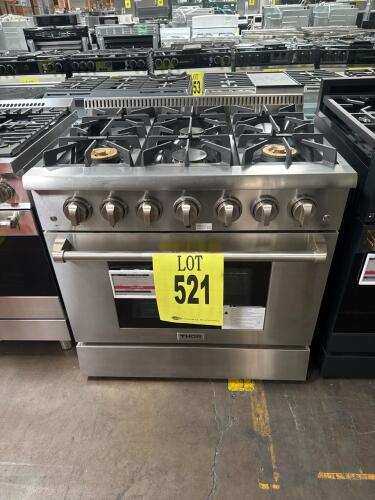 Thor Kitchen 36" Professional Gas Range HRG3618UV2 featuring 6 burners (including two 15,000 BTU dual burners and one 18,000 BTU single burner), 5.2 cu. ft. oven capacity, LuxGlide&trade; telescopic racks, infrared broiler, commercial convection fan, continuous