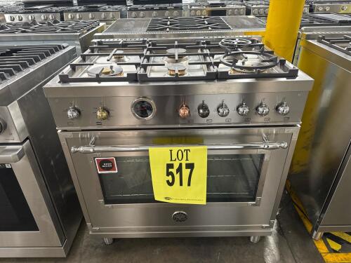 Bertazzoni HER366BCFGMXT 36" freestanding all-gas professional range with 6 brass burners and a 5.9 cu. ft. single convection oven. Features include a removable cast-iron griddle, digital gauge with integrated food temperature probe, soft-close oven door,