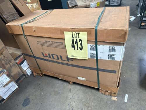 Wolf Pro Wall Hood PW422418, 42"x24"x18", stainless steel, wall-mounted, 105.8 lbs (48 kg), ducted ventilation, variable speed control, LED lighting, UL listed, made in USA, box shows wear (Serial 16325981).