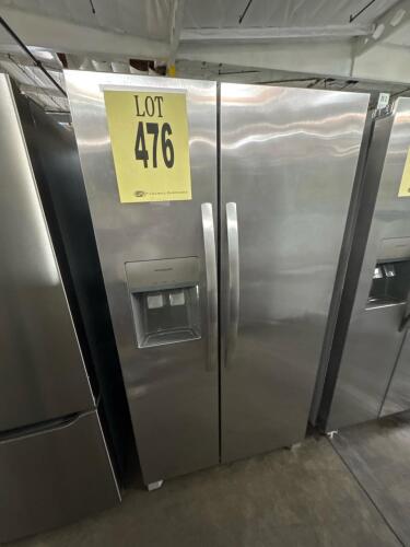 Frigidaire 25.6 cu ft Side by Side Refrigerator, Model FRSS2623ASA, stainless steel finish, external ice and water dispenser, 69.87" height, 36.12" width, 32.50" depth, 115V power, EvenTemp cooling system, 4 glass shelves, 2 crispers, 278 lbs, serial numb