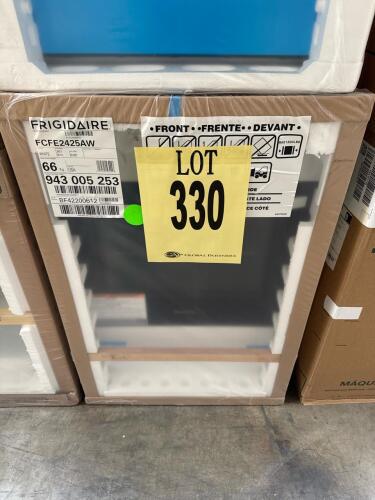 Frigidaire FCFE2425AW 24" freestanding electric range in white, featuring 4 coil burners, 1.9 cu ft oven capacity, 240V, 60Hz, 145.5 lbs (66 kg), manual clean, storage drawer, includes 2 oven racks, serial number BF42200612.