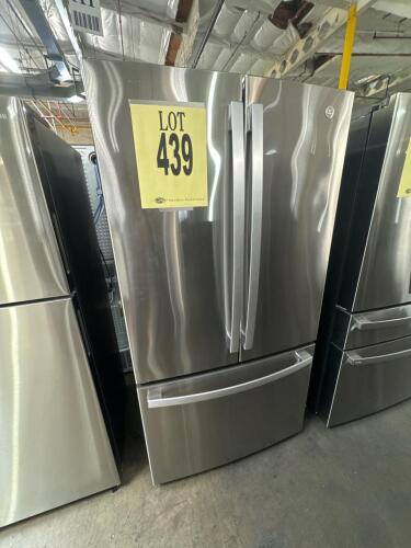 GE French Door Refrigerator GWE22JYMBFFS, 21.8 cu ft total capacity, stainless steel, bottom freezer, 115V, R600a refrigerant, LED lighting, built-in icemaker, 69 7/8 in height, 32 3/4 in width, 31 in depth, serial MZ363794.