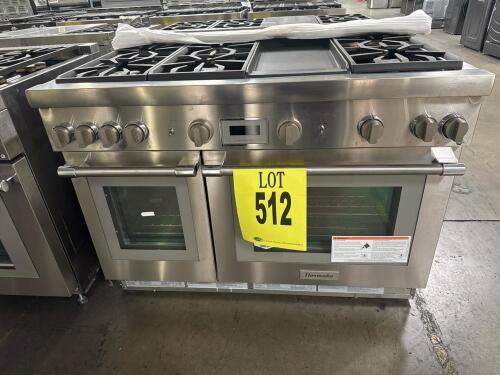 Thermador PRG486WDH/06 48" Professional Gas Range features 6 gas burners, an electric griddle, twin ovens (2.5 + 4.6 cu. ft.), stainless steel finish, oven racks, convection cooking, WiFi smart features, 120V power supply, 47.94" width, and CSA certificat
