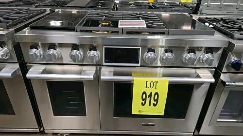 Thermador SKSDR480SIS 48" Gas Range featuring 6 burners, dual ovens (5.7 cu. ft. and 2.5 cu. ft.), non-stick griddle, ExtraLow&reg; Select Burners, Superfast 2-Hour Self-Clean,. Serial Number: 202KMQG0Z356, RETAIL: $17199