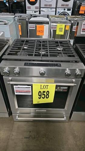 Whirlpool KSGG700ESS0 Slide-In Gas Range featuring a 5.8 cu ft oven, 5 burners (up to 17,000 BTU), natural gas (convertible to LP), stainless steel finish, true convection, self-cleaning, storage drawer, and 120V operation. Serial R60123571, RETAIL: $2599
