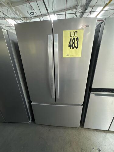 Whirlpool WRFF3136SZ00 36-Inch French Door Refrigerator features 31 cu. ft. capacity, stainless steel finish, interior water dispenser, bottom freezer drawer, adjustable glass shelves, door bins, UL Energy Verified, 115V/60Hz, refrigerant R600a, serial TM