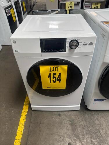 GE 4.3 cu. ft. Front Load Electric Dryer model GFD14ESSN2WW, features include 33.25 x 23.87 x 25.25 in (H x W x D), weight 99 lbs, 240V operation, 12 drying cycles, ventless condensing, LED display, stainless steel drum, stackable, white finish, made in C