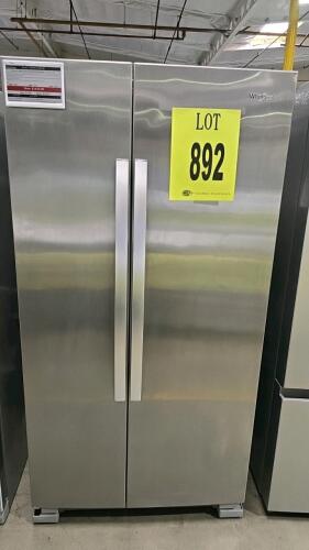 Whirlpool WRS315SNHM03 36-inch Side-by-Side Refrigerator featuring 25.1 cu. ft. total capacity, fingerprint-resistant stainless steel finish, electronic temperature controls, LED interior lighting, adjustable gallon door bins, frameless glass shelves, hid