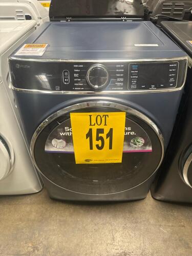 GE Profile PFD87GSPV0RS front load gas dryer with 7.8 cu. ft. capacity, steam sanitize cycle, smart/Wi-Fi app control, sapphire blue finish, electronic digital controls, 12+ cycles, Energy Star certified, stackable, . Serial Number: DZ980173G, RETAIL: $15
