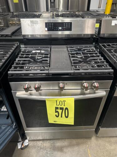 Frigidaire Gallery GCRG3060BFA 30" Rear Control Gas Range featuring Total Convection, 5 burners including an 18,000 BTU Quick Boil Burner and center oval burner with integrated cast iron griddle, 5.1 cu. ft. oven capacity, Smudge-Proof&reg; Stainless Steel f