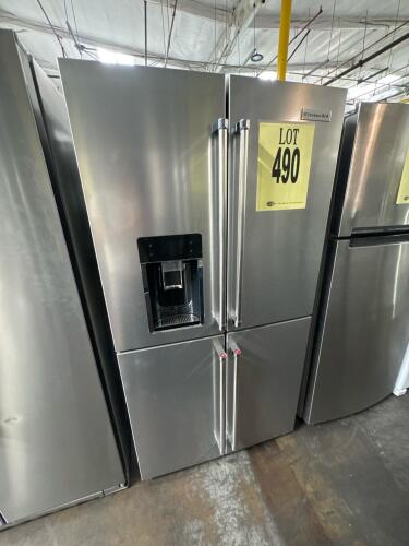 KitchenAid KRQC736RPS 36-inch Counter-Depth 4-Door Refrigerator featuring 19.4 cu. ft. total capacity, 11.24 cu. ft. refrigerator capacity, 7.9 cu. ft. freezer capacity, exterior ice and water dispenser, PrintShield&reg; Finish, Multi-Zone Cooling System, Lar