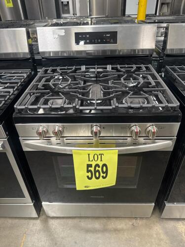 Frigidaire FCRG3062ASB freestanding 30-inch stainless steel gas range with 5 sealed burners (including 18,000 BTU power burner and 17,000 BTU center burner), 5.0 cu ft oven, ready-select digital controls, continuous cast iron grates, CSA certified, electr