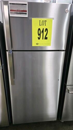 GE Top-Freezer Refrigerator 17.5 Cu. Ft., Stainless, Model GTS18HYNFRFS, 67.4 x 28 x 32.6 in, 165 lbs, Energy Usage 348 kWh/year, 115 VAC, Defrost Heater 310 Watts, Icemaker 145 Watts, R600A Refrigerant, Gallon Door Storage, Adjustable Glass Shelves, Seri