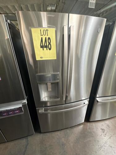 GE Profile 22.1 cu. ft. Counter-Depth French Door Refrigerator, Stainless, Water/Ice, Model PYE22KYNJFS; ENERGY STAR certified, dimensions 69.875 x 35.75 x 31.25 in, fingerprint resistant finish, external dispenser with hands-free autofill, R600A refriger