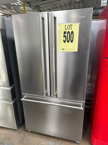 Smeg FD36UX1W French Door Refrigerator with Stainless Steel finish. 20.5 cu ft total capacity (13.87 cu ft fridge, 6.74 cu ft freezer), 120V, 2.7A, R600a refrigerant, adjustable glass shelving, LED lighting, French door, digital controls, bottom freezer, 