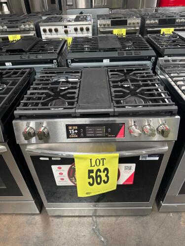 Frigidaire Gallery GCFG3070BFB 30" front control gas range with stone-baked pizza, air fry, convection, stainless steel finish, 5 burners (18K/14K/10K/18K/5K BTU), porcelain-coated cooktop, 5.4 cu ft oven, front knob and digital controls, self-cleaning, 1