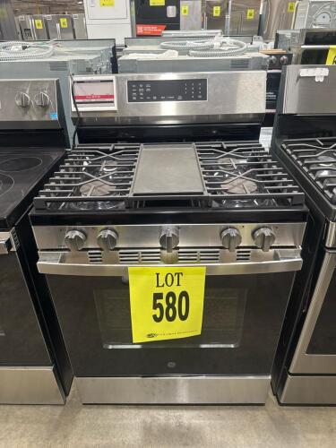GE GGF600AV1SS 30" Freestanding Gas Range featuring 5 burners, a 5.3 cu. ft. oven, stainless steel finish, No Preheat Air Fry, EasyWash&trade; Oven Tray, Built-in WiFi, and electronic ignition. Serial Number: RZ080160Q, RETAIL: $1199