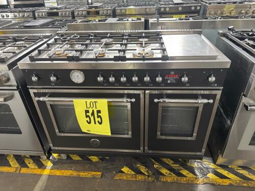 Bertazzoni HERT486GGASNET 48" Heritage Series Gas Range featuring dual ovens (4.7 cu. ft. main, 2.4 cu. ft. auxiliary), 6 brass burners including two 19,000 BTU power burners, stainless steel electric griddle, dual convection fans in main oven, soft-close
