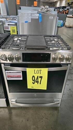 GE Profile 30" Slide-In Gas Range with Air Fry, WiFi/SmartHQ app controls, convection oven and self-cleaning, 5 burners (21K BTU max), griddle, stainless steel, fingerprint resistant, 36.5 in H x 30 in W x 26.88 in D, 210 lbs, serial number TR935140P, Mod