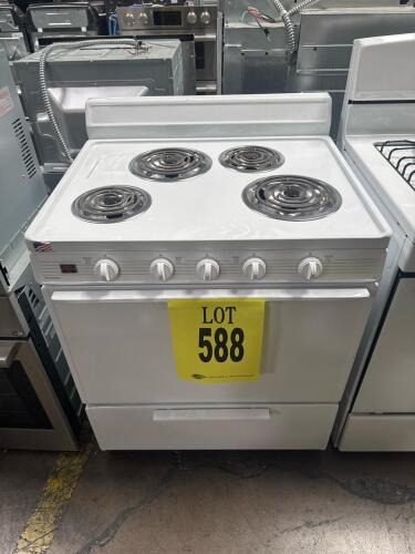 Premier EDK1000P01 electric range with 4 coil burners, manual knob controls, standard oven, and white finish. Includes two oven racks and original documentation. Serial number B418332.