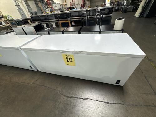 Frigidaire FFCL2542AW 24.9 cu. ft. chest freezer, includes locking lid, removable baskets, power-on indicator light, external temperature control, R600a refrigerant, 115V operation, manufactured April 2023, serial AA31460224.