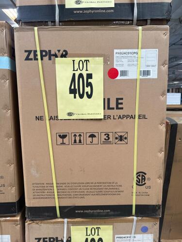 Zephyr PRB24C01CPG 24" single zone beverage cooler features a panel ready glass door, 5.2 cu ft capacity, reversible door, digital controls, temperature range 34&deg;F&ndash;50&deg;F, three glass shelves, built-in/undercounter installation, LED interior lighting, and a