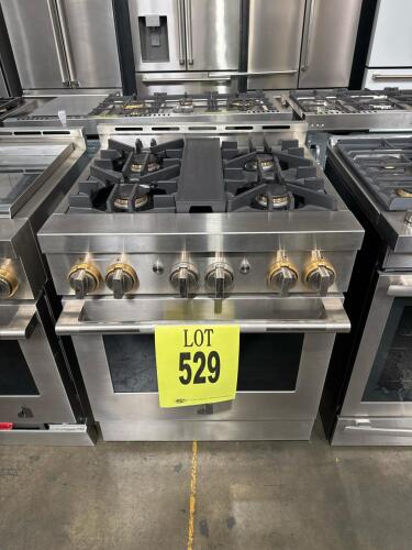Jenn-Air RISE 30" Gas Professional Range with 4 sealed burners (20,000/18,000/13,000 BTU), convection oven, WiFi/app control, Halo-effect LED knobs, stainless steel with brass accents, 5.1 cu ft capacity, includes 3 racks, dimensions 38.75" x 29.875" x 29