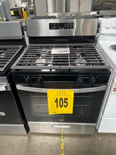 WHIRLPOOL WFG320M0MS 30in FREESTANDING GAS RANGE W/BROILER DRAWER SS,S/N-VEE0326604 RETAIL $919