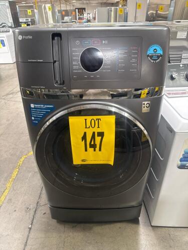 GE Profile PFQ97HSPV0DS 4.8 cu ft Combo Washer Dryer, SmartDispense, ADA Compliant, Ventless, Graphite. Features: ENERGY STAR&reg; certified, 14 wash cycles and 11 dry cycles including Sanitize and EcoCool, Smart WiFi connectivity, ventless heat pump technolo