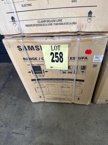 Samsung NE63T8111SG 30" black stainless electric range, features include 6.3 cu ft oven capacity, smooth ceramic glass cooktop with 5 burners, convection oven, self-clean and steam clean, digital touch and knob controls, 240V/40A connection, includes 2 wi