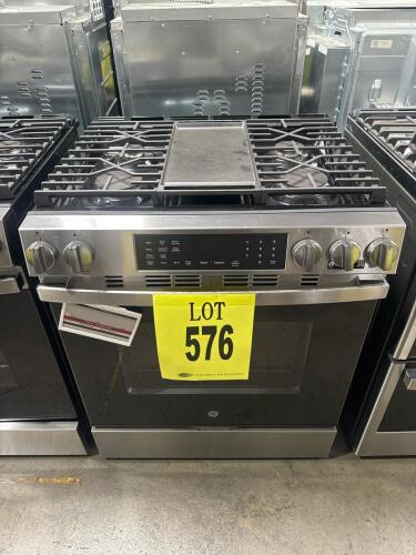 GE 30" Slide-In Gas Range, Model GGS600AV1FS, features 5 burners, convection oven with no preheat air fry, stainless steel finish, EasyWash oven tray, integrated cast iron griddle, oven capacity 5.3 cu. ft., dimensions 30" x 29.5" x 36.5", power 120V, 60H
