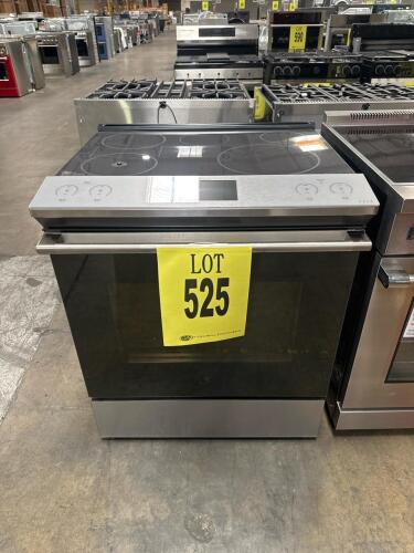Cafe 30" Smart Slide-In Induction and Convection Range in Platinum Glass, model CHS90XM2NS5, features a 5.7 cu. ft. true European convection oven, 5 induction burners, in-oven camera, Wi-Fi connect, precision cooking probe, air fry capability, self-clean 