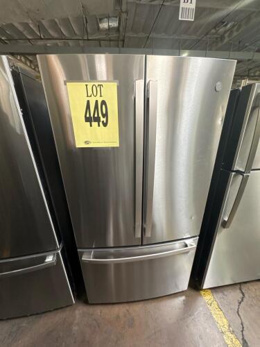 GE Profile PWE23KYNFS 23.1 Cu. Ft. Counter-Depth French-Door Refrigerator with Internal Water Dispenser, featuring fingerprint-resistant stainless steel finish, full-width electronic temperature-controlled drawer with LED lights, TwinChill&trade; evaporators, a