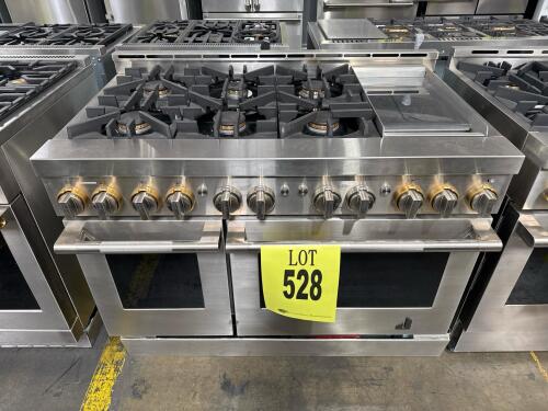 JennAir JGRP548HL01 48" gas range with RISE style, featuring 6 sealed burners, double convection ovens, integrated chrome-infused griddle, pro-style stainless knobs, oven racks, 120V power, UL/CSA certified, assembled in USA, serial number: DB1016482. RET