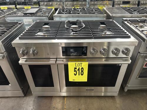 Dacor DOP48T960GS 48" Gas Pro-Range featuring 6 burners, double ovens, Air Sous Vide, Air Fry Tray, Dual Four-Part Pure Convection, SimmerSear&trade; Burners, Auto Connected Hood, Illumina&trade; Knobs, SmartThings Integration, Serial Number: 0KV67DBX500018X.