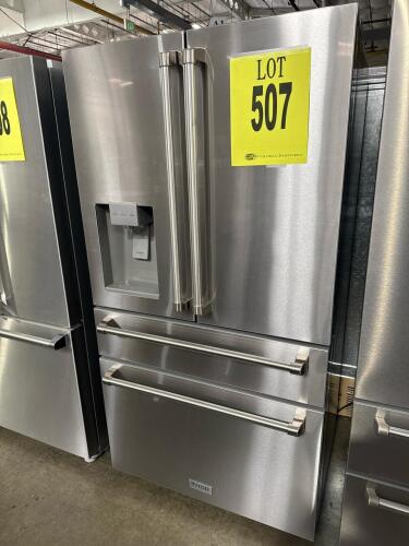 Thor Kitchen TRF3601FD 36 inch professional French door refrigerator features 21.6 cu. ft. capacity, ice and water dispenser (cubed, crushed, filtered water), 4 doors with flex drawer and 2 humidity-controlled crispers, stainless steel finish, Energy Star