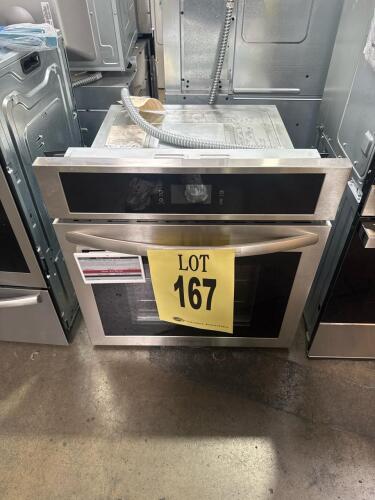 Frigidaire FCWS2727AS 27" single electric wall oven with fan convection and self-cleaning cycles, stainless steel finish, 3.8 cu. ft. capacity, 240V/3.4 kW, 29.5" H x 27" W x 24.75" D, 2 adjustable racks, digital touch controls, interior light, fits stand