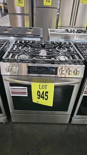 Frigidaire FCFG3083ASA 30" Stainless Steel 5 burner gas range with convection oven and air fry, features include 5.1 cu. ft. oven capacity, Quick Boil burner, precision temperature probe, storage drawer, 120V operation, serial number VF40720953.