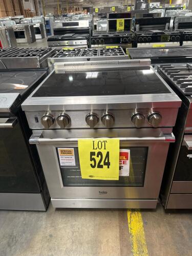 Beko PRIR34450SS 30" Stainless Steel Pro-Style Induction Range with 5.7 cu ft Oven, featuring 4 induction zones, True European Convection, Pyrolytic Self-Cleaning, Surf Convection, Sabbath Mode, 3 heavy-duty oven racks with wraparound tines, 1 full extens