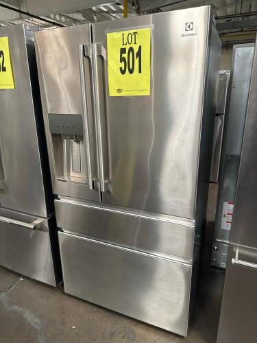 Electrolux ERMC2295AS 21.5 cu ft Counter-Depth French Door Refrigerator, Stainless Steel finish, features TempAdapt&trade; middle drawer (-6 to 45 &deg;F), TasteLock&trade; crisper drawers with auto-humidity control, automatic ice maker, water and ice dispenser, flexible
