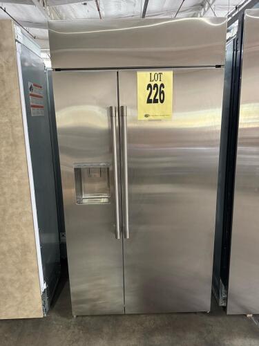 GE Monogram 42" built-in side-by-side refrigerator, ZISS420DNESS, featuring 24.4 cu. ft. total capacity, stainless steel finish, external ice and water dispenser, automatic ice maker, electronic touch controls, adjustable glass shelves, humidity drawers, 